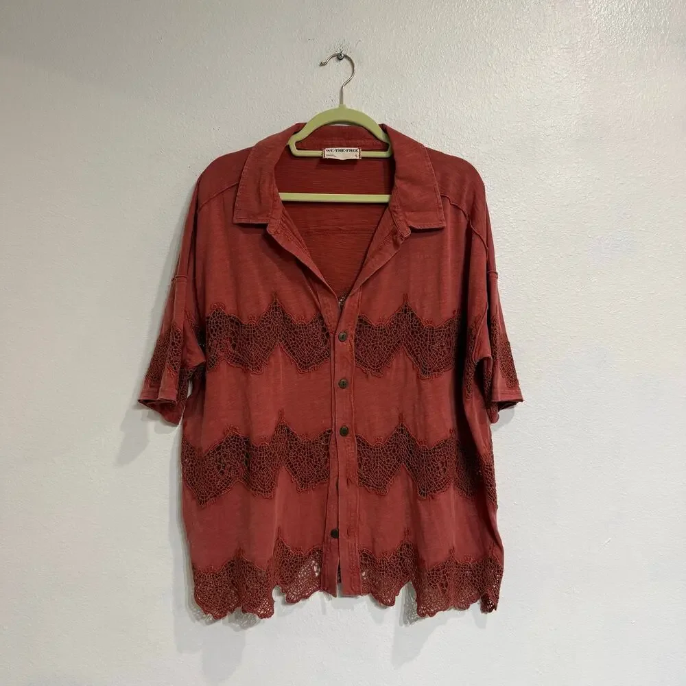 Free People We The Free Luca Tee Rust Crochet Lace Oversized Top Sz S
